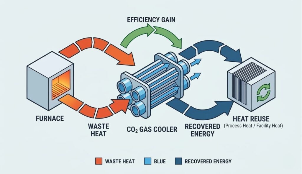 industrial energy recovery system using CO2 gas cooler showing heat reuse flow