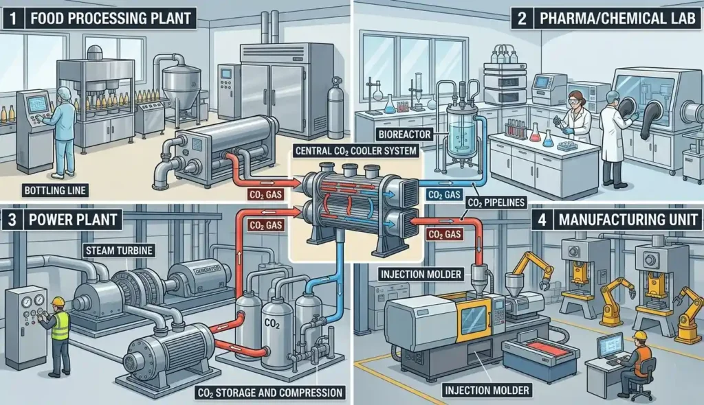 CO2 gas cooler applications in food processing, pharma, power plant and manufacturing industries