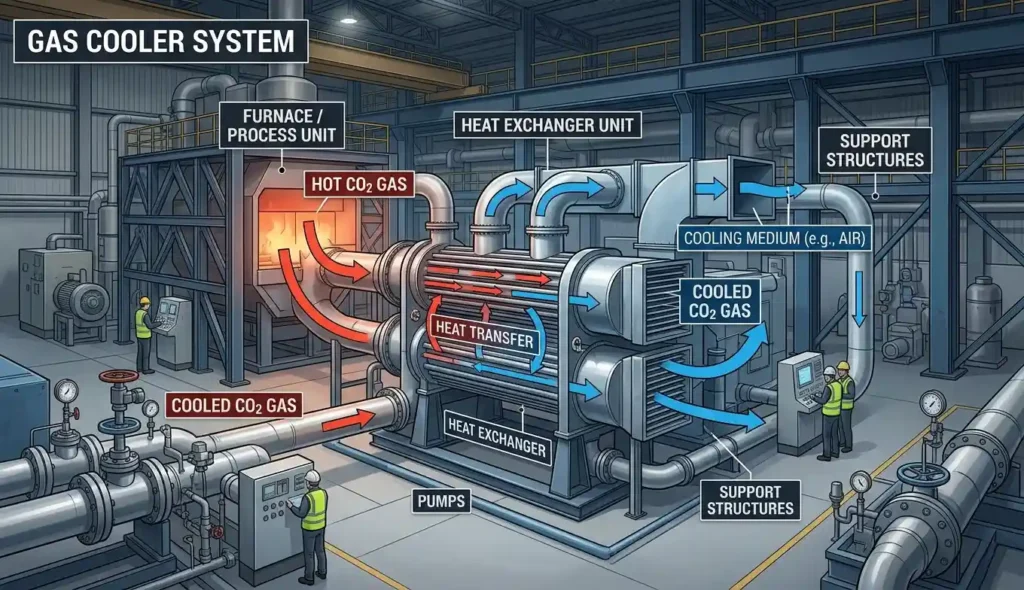 CO2 gas cooler system used in industrial plant for heat recovery and cooling