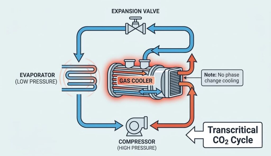 transcritical cooling cycle diagram showing compressor, heat rejection and fluid flow