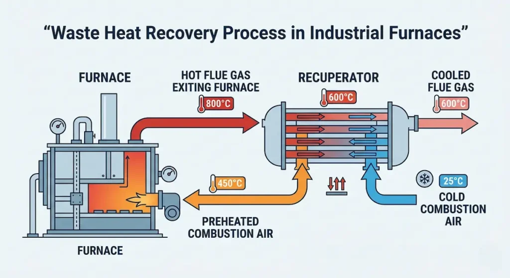 diagram showing waste heat recovery process using recuperator in industrial furnace