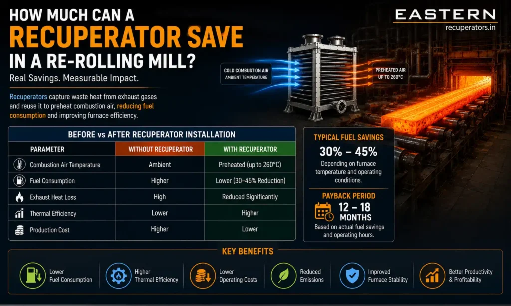 Infographic by Eastern Recuperators explaining energy savings in a re-rolling mill using a recuperator. The graphic shows a heat exchanger transferring heat from exhaust gases to incoming combustion air, preheating air up to 260°C. A comparison table highlights benefits such as lower fuel consumption, reduced exhaust heat loss, higher thermal efficiency, and lower production costs after recuperator installation. The infographic also states typical fuel savings of 30–45% and a payback period of 12–18 months, alongside icons representing lower operating costs, reduced emissions, improved furnace stability, and better productivity.