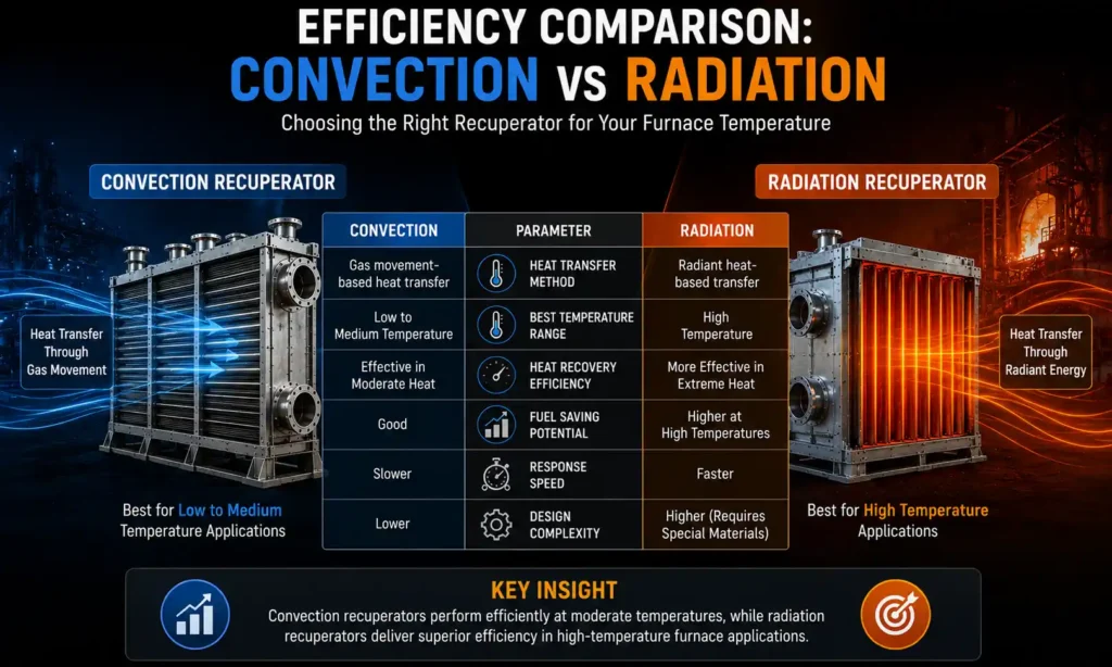 Industrial infographic comparing convection and radiation recuperators for furnace heat recovery, showing differences in heat transfer method, temperature range, efficiency, fuel savings, response speed, and design complexity.