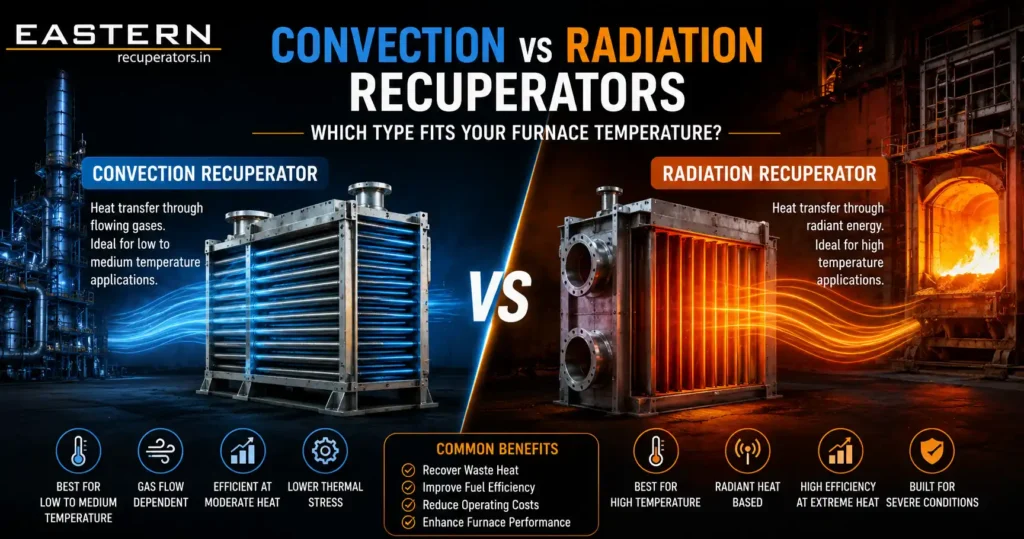 Comparison of convection and radiation recuperators used in industrial furnaces for waste heat recovery and energy efficiency improvement.