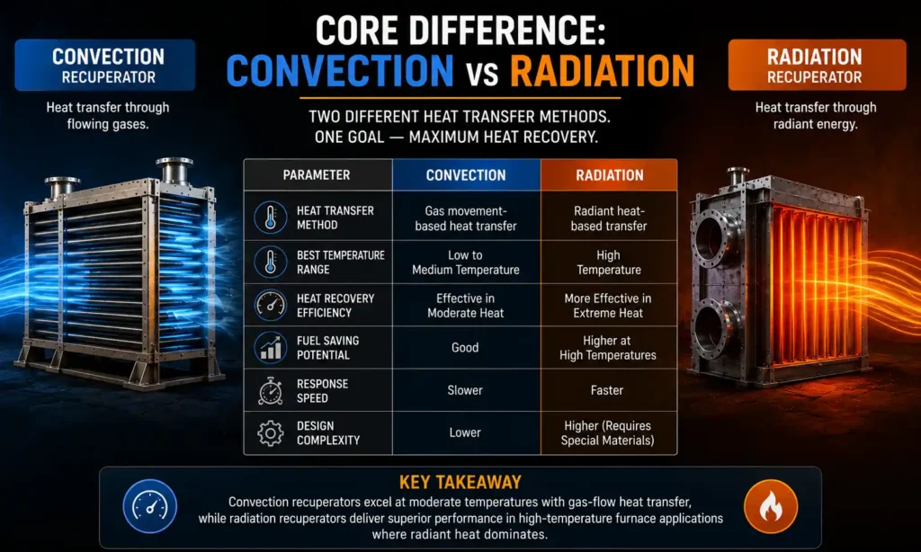 Side-by-side comparison chart of convection and radiation recuperators used for industrial furnace waste heat recovery and thermal efficiency improvement.