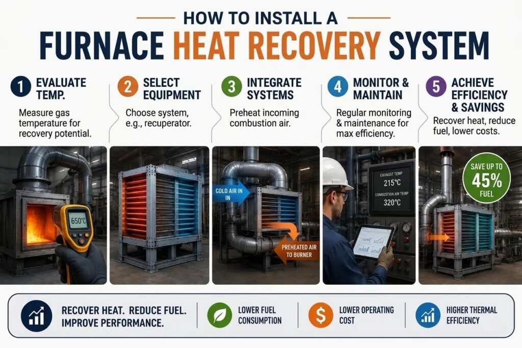 The installation process of a furnace heat recovery system including temperature evaluation, recuperator selection, system integration, maintenance, and energy savings.