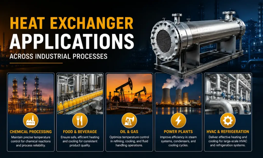 Industrial shell and tube heat exchanger with applications in chemical plants, food processing, oil and gas, power generation, and HVAC refrigeration systems.