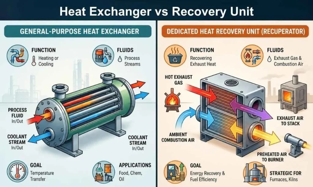 Infographic comparing a standard heat exchanger with a recuperator, showing process fluids, exhaust gas heat recovery, combustion air preheating, and industrial furnace applications.