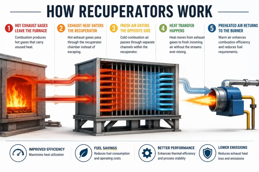 Industrial recuperator system illustrating heat transfer between hot furnace exhaust gases and incoming cold combustion air to increase fuel efficiency and reduce emissions.