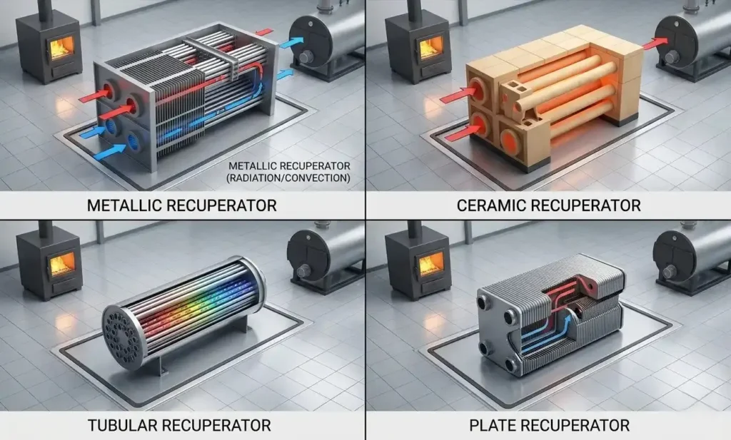 Illustration showing four industrial recuperator designs: metallic recuperator, ceramic recuperator, tubular recuperator, and plate recuperator used for heat recovery in furnaces and thermal systems.