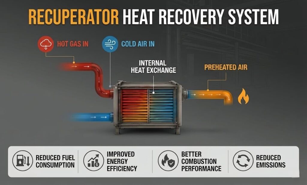 Recuperator heat recovery system that uses hot exhaust gases to preheat incoming combustion air for improved furnace efficiency.