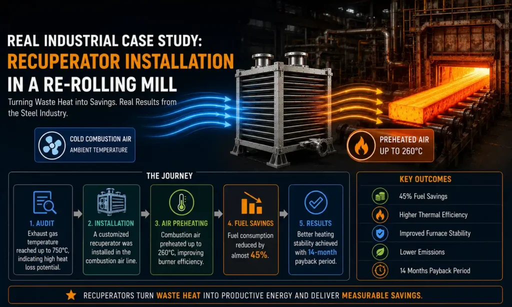 Industrial infographic of a recuperator installation in a steel re-rolling mill showing waste heat recovery, combustion air preheating up to 260°C, and 45% fuel savings.