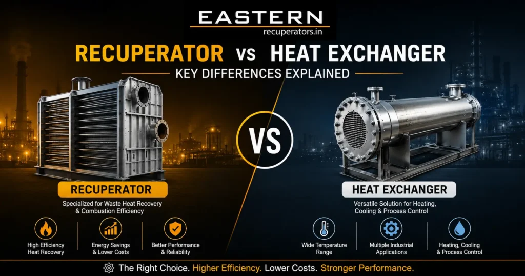 Industrial recuperator vs heat exchanger comparison showing waste heat recovery system and shell-and-tube heat exchanger used in manufacturing and process industries.