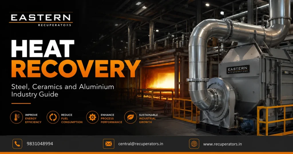 Industrial heat recovery recuperator system installed in a high-temperature manufacturing plant for steel, ceramic, and aluminium furnace energy efficiency.