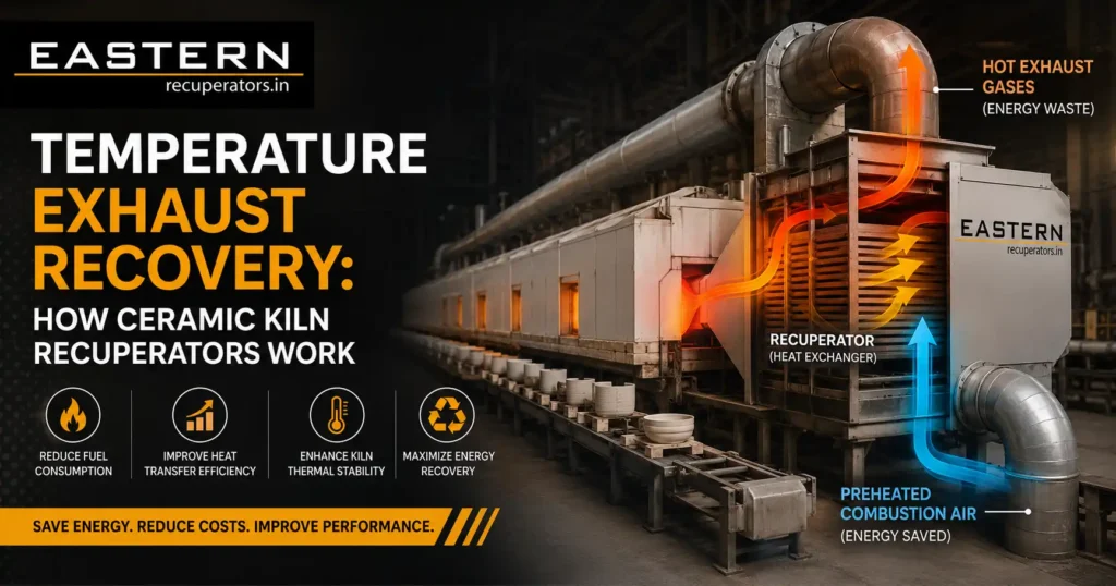Temperature exhaust recovery system in a ceramic kiln using a recuperator to capture waste heat and preheat combustion air for improved energy efficiency.