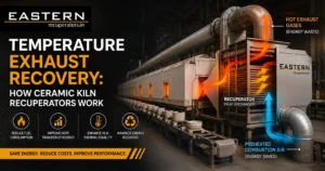 Temperature exhaust recovery system in a ceramic kiln using a recuperator to capture waste heat and preheat combustion air for improved energy efficiency.