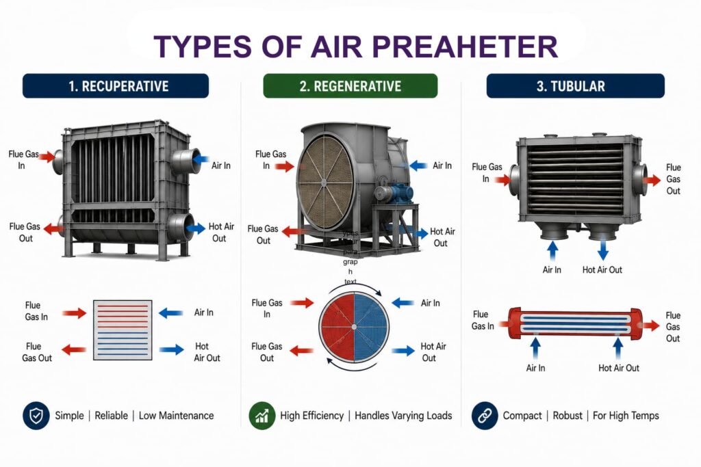 types of air preheaters working principle comparison showing recuperative regenerative and tubular designs