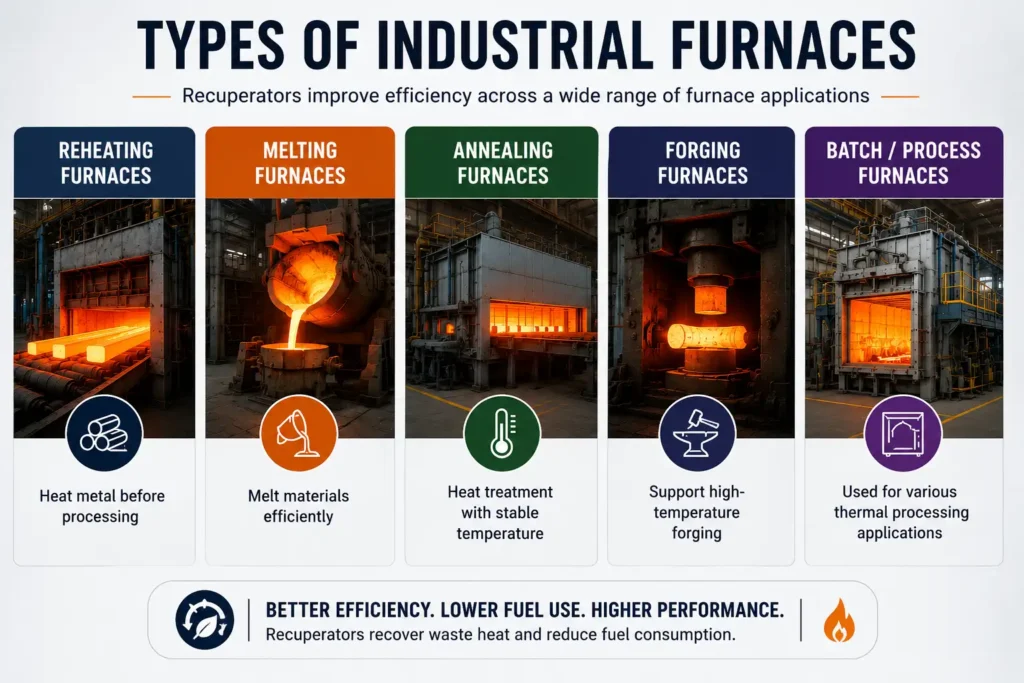 Infographic showing different types of industrial furnaces including reheating, melting, annealing, forging, and batch process furnaces equipped with recuperator technology for energy efficiency.