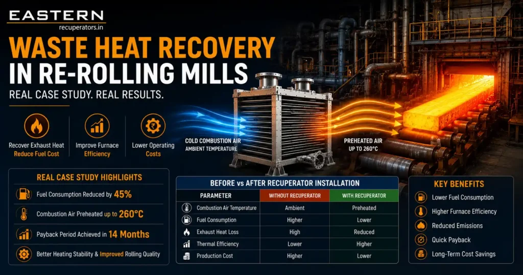 Industrial infographic showing waste heat recovery in a steel re-rolling mill using a recuperator to preheat combustion air, reduce fuel consumption, and improve furnace efficiency.